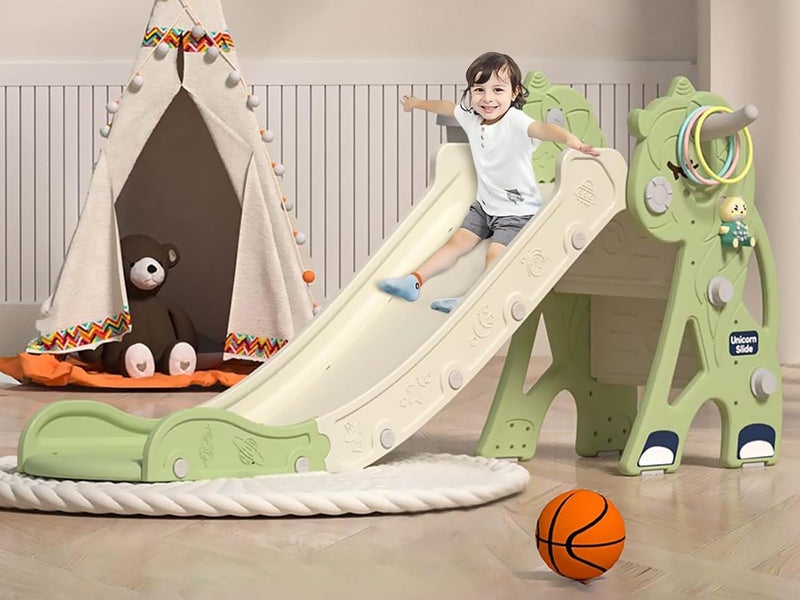 Sephyroth Kids Slide for Toddler - 4 in 1 Indoor Plastic Freestanding Slide for Toddler Outdoor Playground Climber Slide Playset with Basketball Hoop & Ring Game(Unicorn Green) - Image 1